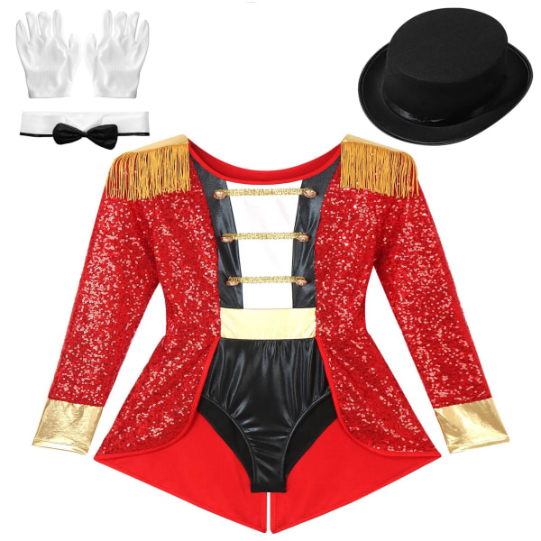 Kvinnors Circus Ringmaster Outfit Halloween Maskerad Cosplay Kostym Lion Tamer Fancy Dress Fransad axel frack Bodysuit Black A S
