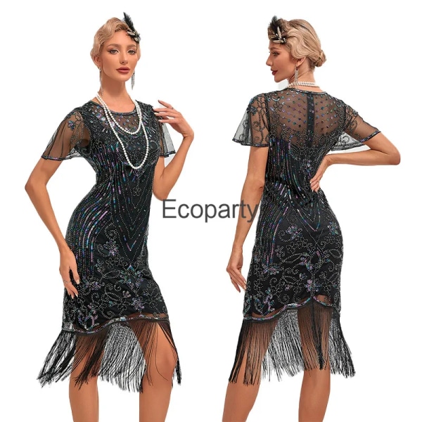 Ny 1920-tals vintage paljettklänning för kvinnor pärlfransar kvällsfestklänning Great Gatsby Charleston klänningar Cocktailbollskostym Black silver L