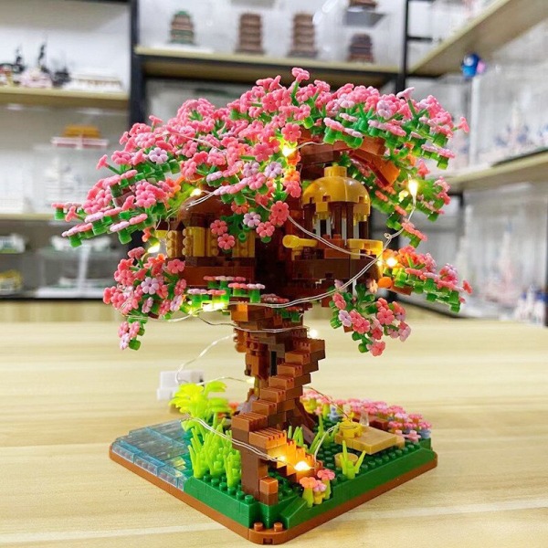 2020P+ Sakura House Architecture Blocks Dream Romantic Tree Home 3D-modell DIY Blomma Minibyggnad Liten tegelleksak för barn 609 NO BOX NO Light