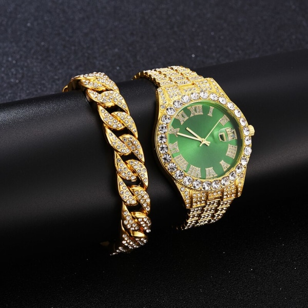 Iced Out Watch Herr Lyx Märke Full Diamond Herrklockor AAA CZ Quartz Watch Vattentät Hip Hop Man Klocka Present För Herr Gold Green Set