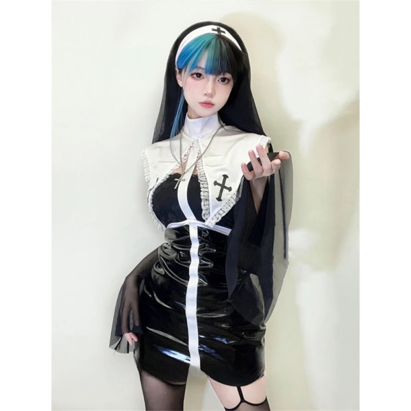 Nunna Cosplay Kostym Kvinnor Fancy Dress Set Halloween Party Rollspel Outfit Vuxna Sisters Dress Black Fancy Cosplay Dress Up Plus KY158 L