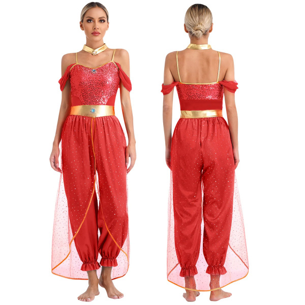 Kvinnors magdans Arabisk prinsessa Rollspel Ädelstenar Prydd paljettbyxa med metallisk glänsande chokerkrage Halloween-kostymer Red XXL