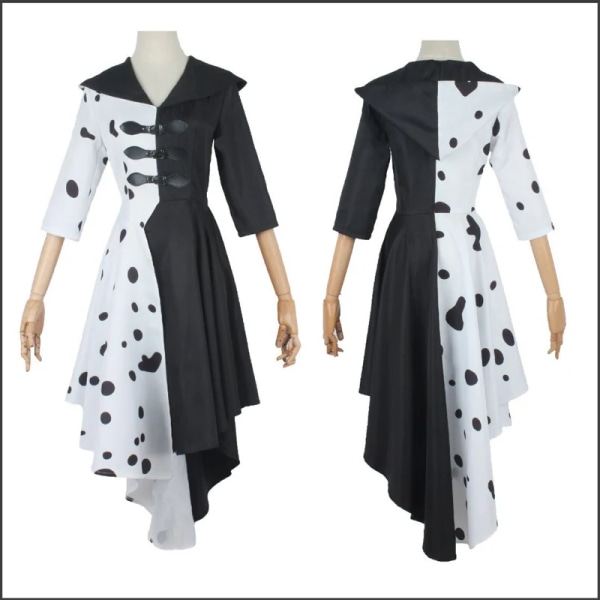 Cruella De Vil Cosplay Dräkt Kvinnor Klänning Svart Vit Maid Klänning Med Handskar Luvtröja Kjol Peruker Outfits Halloween Party Cos Kostymer CruellaDeVil2 XXL