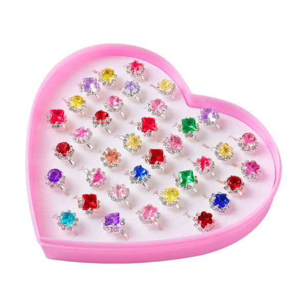 Ringar för barn, 36 st färgglada strassringar, justerbara ringar set med hjärtformad case As Shown
