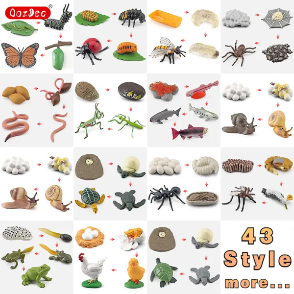 OozDec Livscykelinlärning och utbildning Montessorileksaker, 43 djurfigurer av groda, fjäril, kyckling, bönsyrsa, ålder 3+