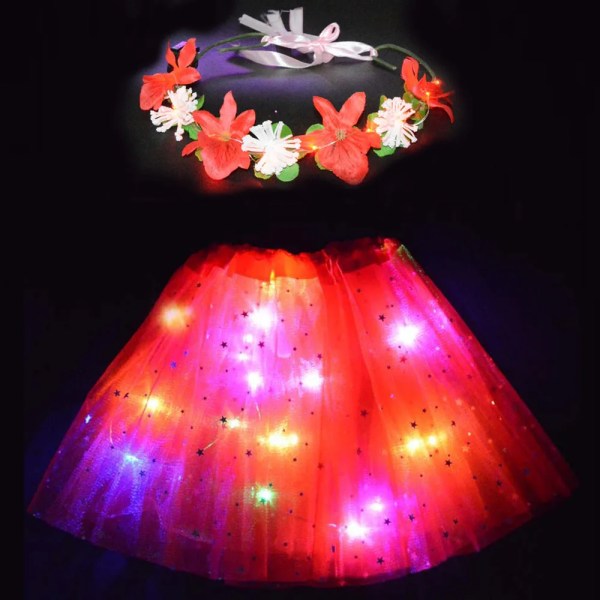 Flicka Kvinnor Flower Fairy Light Up Tutu Led-kjol Star Glow Pannband Krans Party-rosa kjol pink skirt for teenage or women