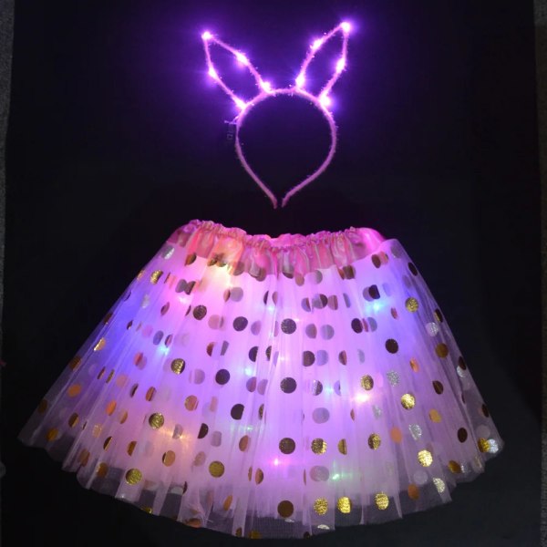 Girl Kid Glow Light up Dot Tutu Kjol Fox Crown Cat Bunny LED Party Present white bunny set