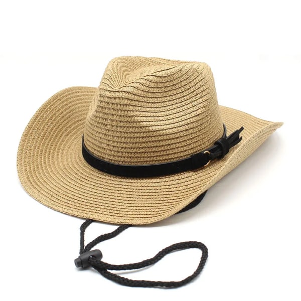 Klassisk formbar Panamahatt Kvinnor Män Toquilla Straw Cowboyhatt med hakrem Solhatt Summe Fedora Beach Cap med bred brätte Khaki