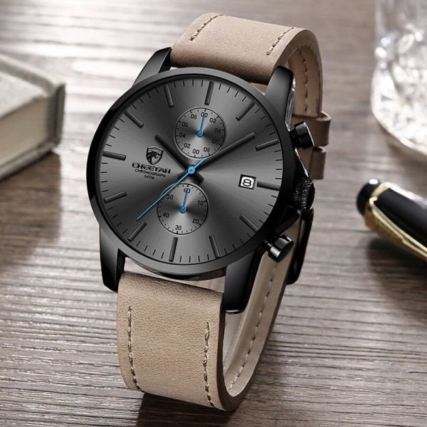 2021 Watch Märke Mode Sport Kvartsklockor Herr Läder Vattentät Chronograph Clock Business Relogio Masculino Leather Grey