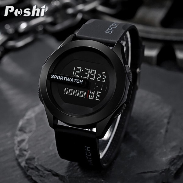 POSHI Sport Watch for Man Lyxigt digitalt armbandsur Stoppur Luminous with Date Week Original vattentät klocka black