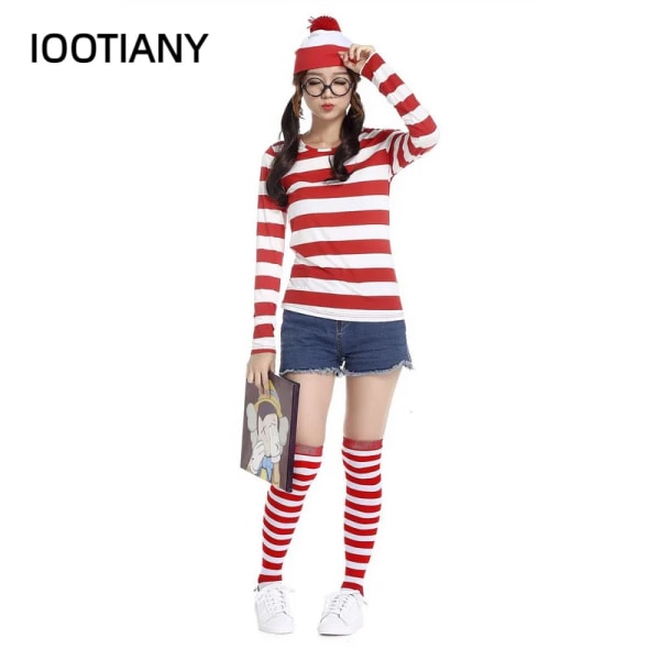 S-XXL Förälder-barn Tecknad Var är Wally Waldo Kostym Waldo Book Week Cosplay Outfit Rand Skjorta Hatt Glasögon Kit Men XXL