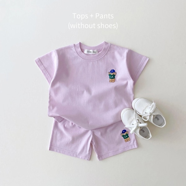 2023 Sommar Korea Baby Pojkar Kostym Broderade Björn Badge T-shirts T-shirts+lösa shorts Flickor 2st Casul Spädbarnsset Toddler 6 3-6M  66