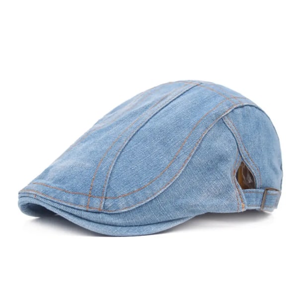 Män Blue Denim Peaked Ivy Cap Golf Körning Platt Cabbie Newsboy Basker Hatt HATCS0223 Stripe-Light Blue