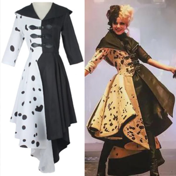 Cruella De Vil Cosplay Dräkt Kvinnor Klänning Svart Vit Maid Klänning Med Handskar Luvtröja Kjol Peruker Outfits Halloween Party Cos Kostymer CruellaDeVil2 XL