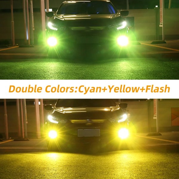 Cyan Gul Blixt-2st H1 H3 LED-lampa Super Ljus Doulbe Färger 24 3030SMD Bil Dimljus 12V 24V 6000K Vit Kördagkörningslampa Autoljus Cyan Yellow Flash H3