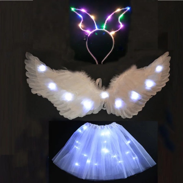 Kvinnor Girl Angel Light Up Tutu-kjol Pannband Glow Feather Wing Cosplay Födelsedags-vit set white set S