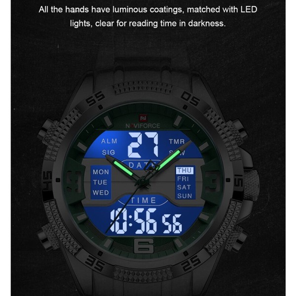 NAVIFORCE Män Digital Quartz Klockor Mode Rostfritt stål Band LCD Vattentät Sport Armbandsur Man Relogio Masculino 2023 SBE