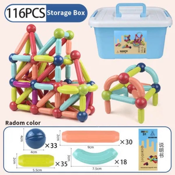 Barn Magnetic Constructor Block Designer Set Magnet Stick Rod Byggstenar Montessori Pedagogiska leksaker För Barn Pojke Flickor 116pc Storage Box