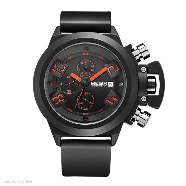 Megir Mode Silikonband för män Sport Kvartsarmbandsur Analog Display Chronograph Black Watch for Man with Calendar 2002 2002-Black