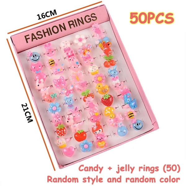 Tecknad ringleksaker blandad färg Söta ringar barndag smycken Plast barnring för flickor med blandad stil djurfrukt present Candy color 50 PCS