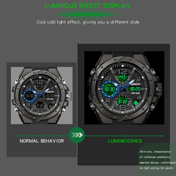 SANDA 2022 Militär watch för män LED Digital Quartz Dual Display Watch Vattentät Watch Relogio Masculino 6008 Blue Symphony