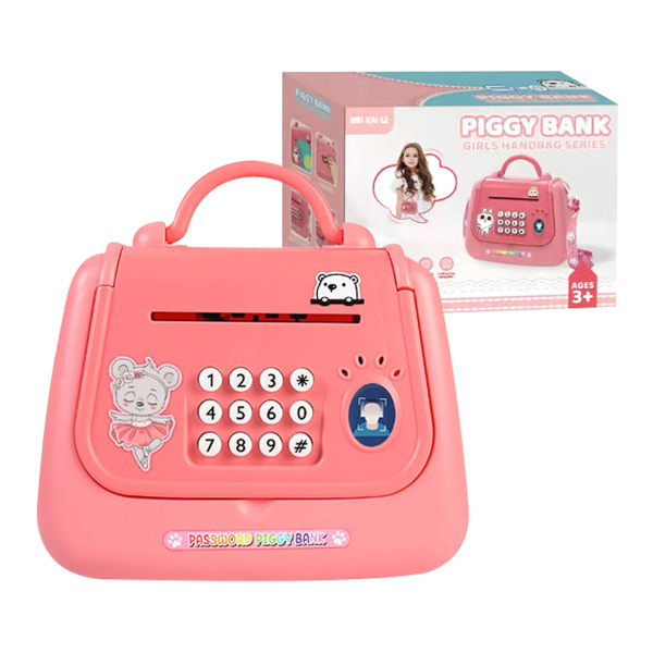 Barnkassaskåp med lösenord Bankomatsparbank för riktiga pengar Automatisk papperspengarrullningsspårlåda Bra present till barn Pink