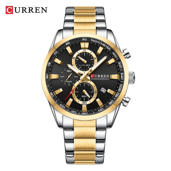 Casual Sportigt märke Armbandsur i rostfritt stål för män Nya Chronograph Quartz-klockor med datum 8445 gold black box