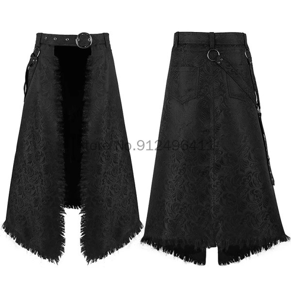 Medeltida gotisk halvkjol för män Jacquard Steampunk Snygg Kilt Öppen framsida Harujuku Burlesk fransar Traditionella kjolar 1 XL