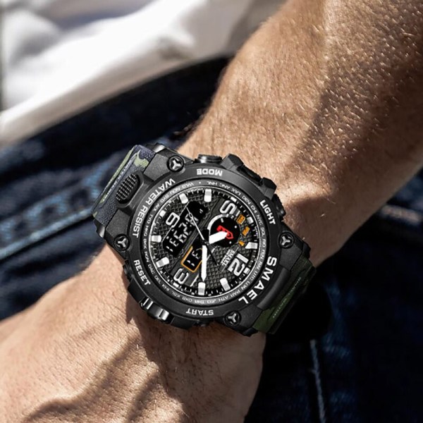 SMAEL klockor för män 50M vattentät klocka Alarm reloj hombre 1545D Dual Display Armbandsur Quartz Military Watch Sport Ny Herr BLACKGREEN