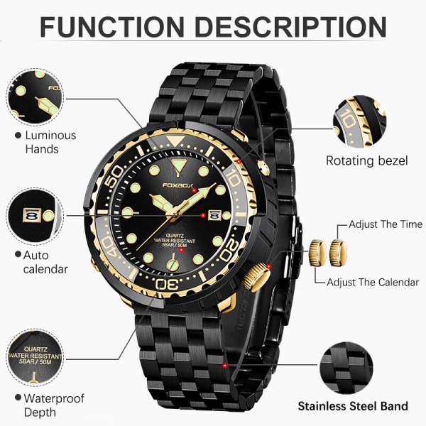 LIGE Mode Watch 50M Vattentät Lysande Sportarmbandsur Roterande Bezel Quartz Watches med Auto Date Relogio Masculino Black