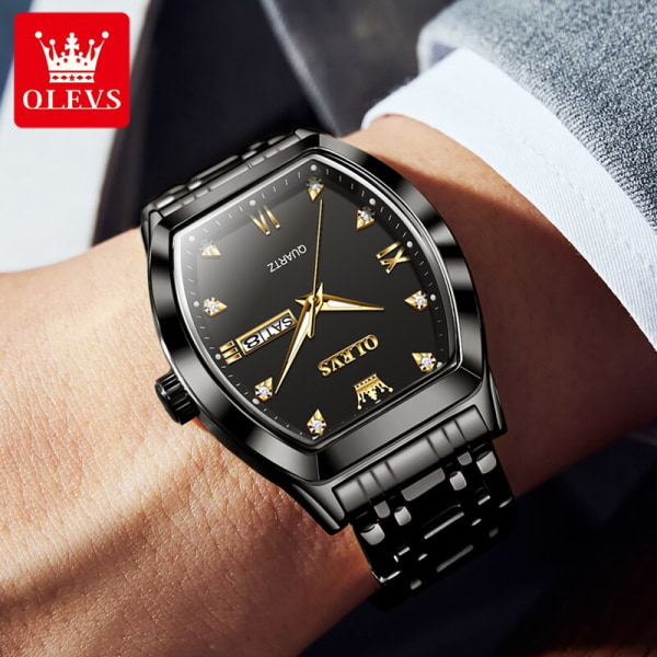 OLEVS TOP Brand Quartz Watch for Men Luxury Diamond Elegant Rostfritt stål Tonneau Dial Waterproof Luminous Men Armbandsur 5528 5528 black
