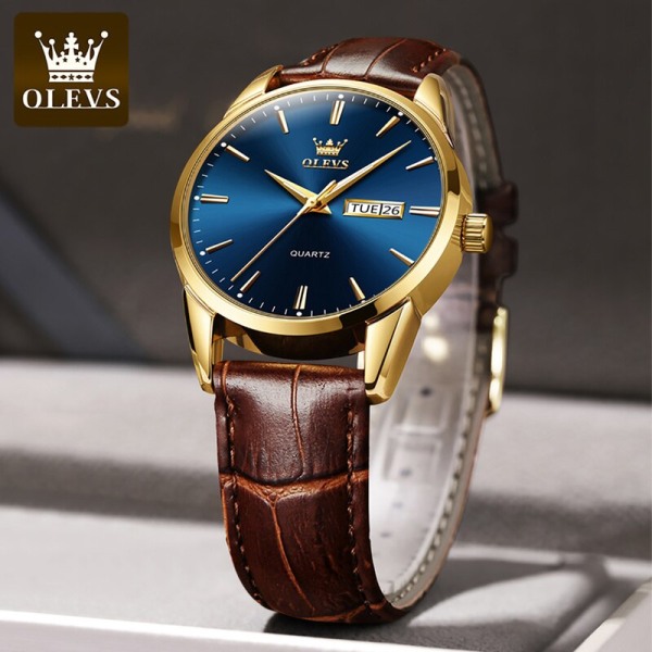 OLEVS watch för män Top Märke Lyx Herr Quartz Armbandsur Andas Läderrem Vattentät Business Casual Watch Brown blue