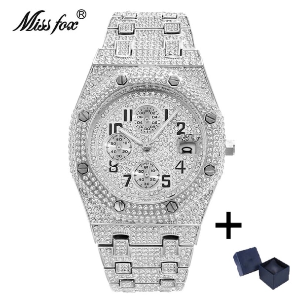 Modemärke MISSFOX Lyxklockor Herr Automatisk Date Vattentät Quartz Klocka Hip Hop Iced Diamantsmycken Armbandsur Man 2023 V302-SS