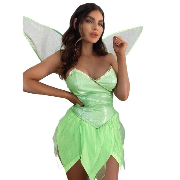 Dam Halloween Forest Fairy Kostym Sexig Enfärgad V-ringad Rygglös paljett Tube Toppar Oregelbunden volang Kort Klänning med Vingar green XL