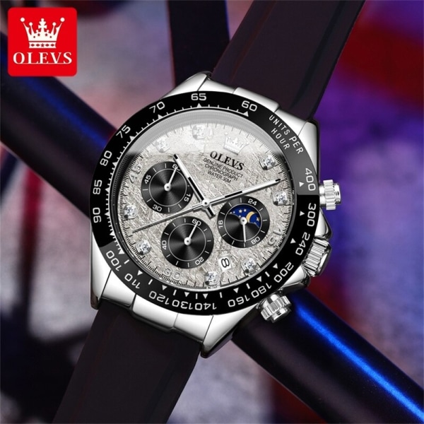 OLEVS Herrklockor Toppmärke Lyx Chronograph Quartz Watch för män Sport Silikon Vattentät armbandsur Relogio Masculino Silver Grey