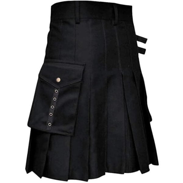 Herr Kilt Utility Scottish Traditional Highland Solid plisserade spännband Kostym Kilts med lastfickor black M