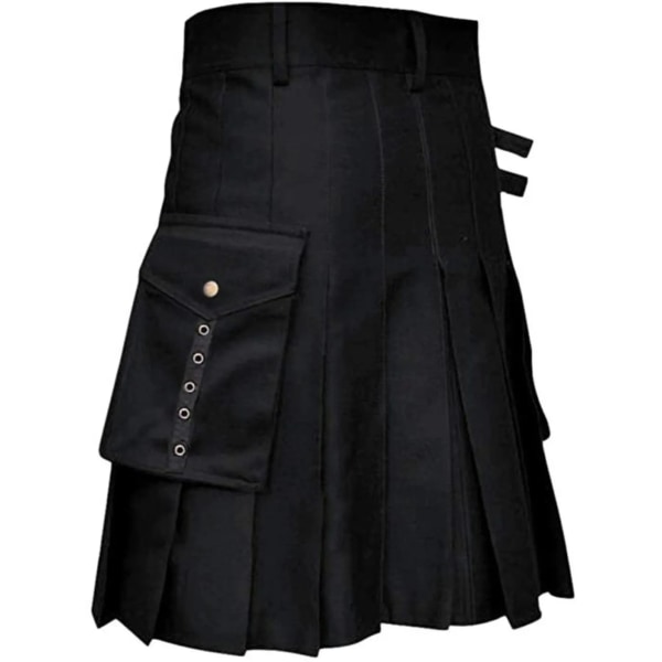 Herr Kilt Utility Scottish Traditional Highland Solid plisserade spännband Kostym Kilts med lastfickor black S