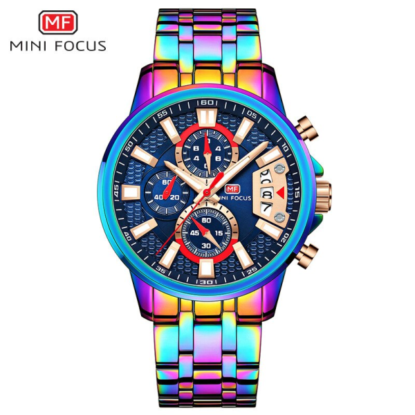 MINI FOCUS Luxury Sports Quartz Watch för män Mode Chronograph Multifunktion Vattentäta klockor Rostfritt stål Armband Klocka RAINBOW BLUE