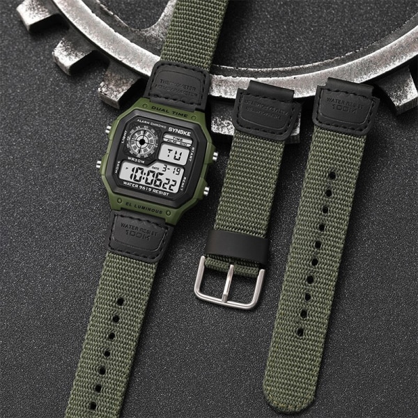 SYNOKE Watch Nylon Digital Armbandsur 44mm Vattentät Multifunktion Watch Army Green