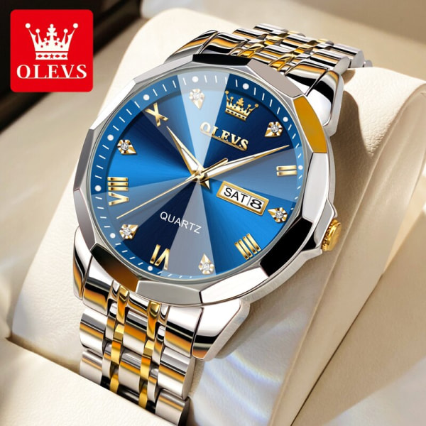 OLEVS Herrklockor Rhombus Mirror Original Quartz Watch for Man Vattentät Lysande armbandsur i rostfritt stål Man Datum Vecka gold blue