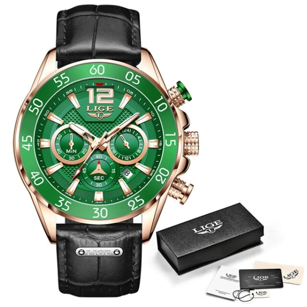 Nytt mode herrklockor LIGE Top Märke Lyx Silikon Watch Herr Quartz Clock Vattentäta armbandsur Relogio Masculino leather green