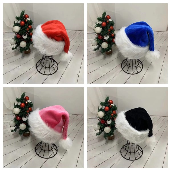 30x45 cm Vuxen Svart Röd Plysch Lång Julhatt Xmas Dräkt Pompom Jultomte Cap Black