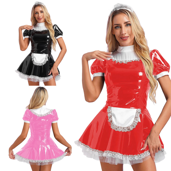 Kvinnor glänsande latex Bodycon Förkläde Klänning Tjejtjänare Servitris Kostym Halloween Maskerad Festkläder Set Pink XL