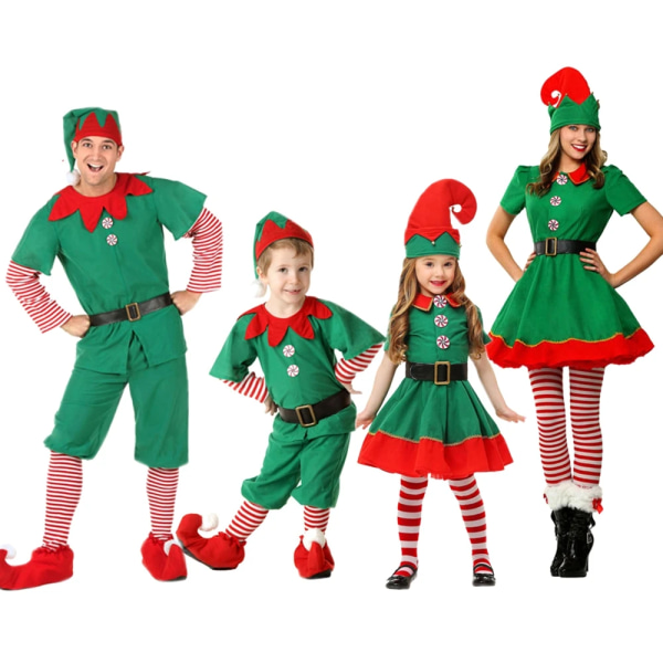 Jultomtekostym Grön tomte Cosplay Familj Karnevalsfest Nyår Fancy Dress Kläder Set För män Kvinnor Flickor Pojkar Boys Costume Height 140CM