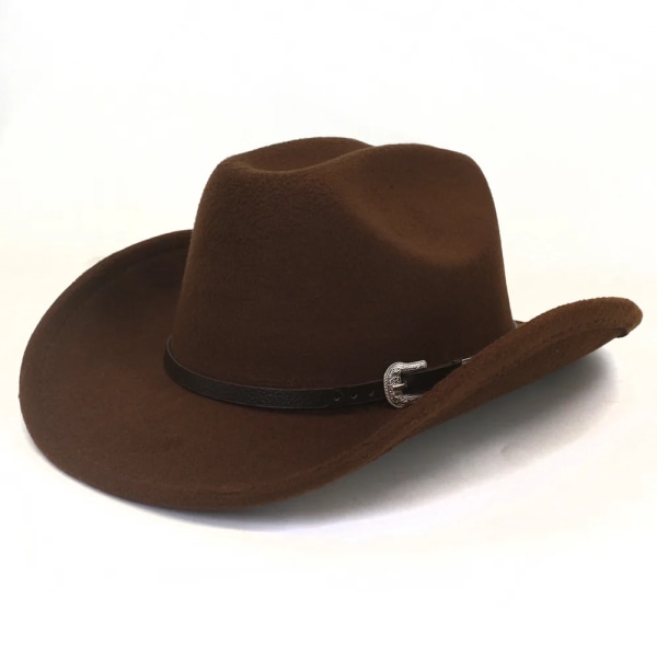 Vintage Män Western Cowboy Hatt Med Bälte Vinter Höst Roll Up Rim Cowgirl Jazz Church Cap Sombrero Hombre brown