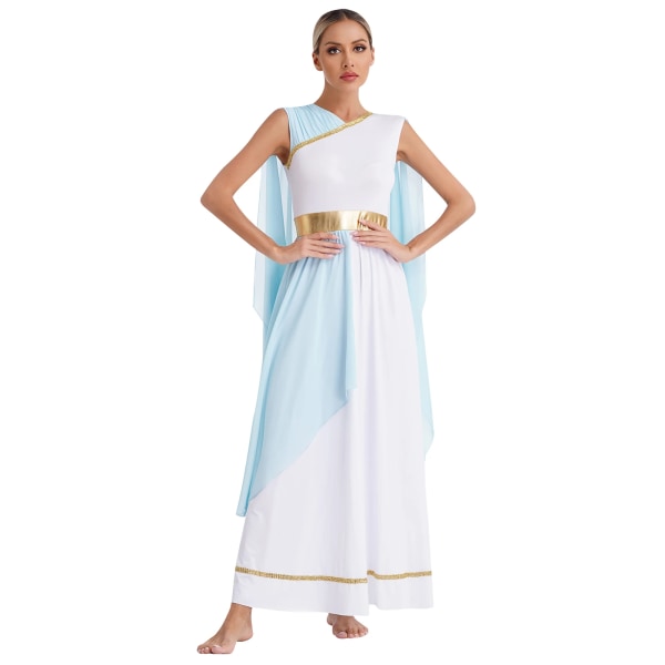 Kvinnors antika grekiska Toga Senator Caesar kostym Atensk prinsessa romerska kejsarinnan lång klänning Robe för Halloween Cosplay Party Light Blue S