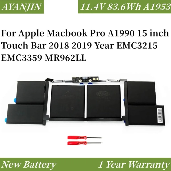 Laptopbatteri 11,4V 83,6Wh A1953 för Apple Macbook Pro A1990 15 tum Touch Bar 2018 2019 År EMC3215 EMC3359 MR962LL