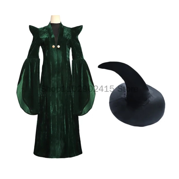 Högkvalitativ professor Minerva McGonagall Cosplay Dräktklänning Grön Cape Sammet Rollspelsmantel Halloween Carnival Kostym as show XS
