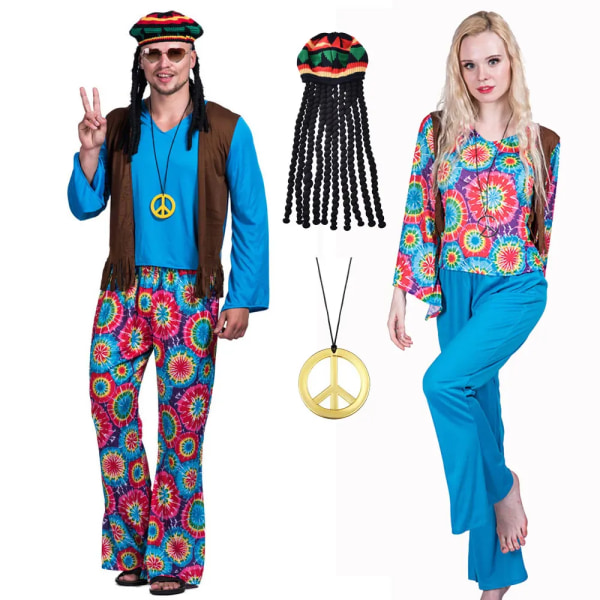 Män Kvinnor Hippie Love Peace Costume Fancy Carnival Herr Vintage 70-talsväst Fest Hippie Outfit Kostym set 1-2 XL