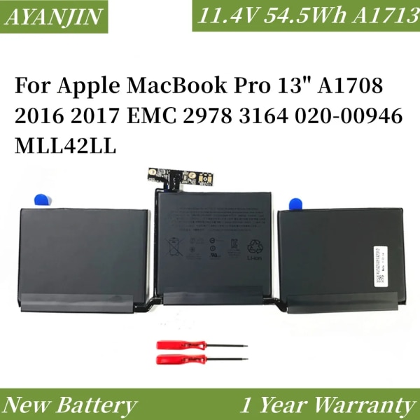 Laptopbatteri 11,4V 4781mAh A1713 för Apple MacBook Pro 13" A1708 2016 2017 EMC 2978 3164 020-00946 MLL42LL Batteria AKKU